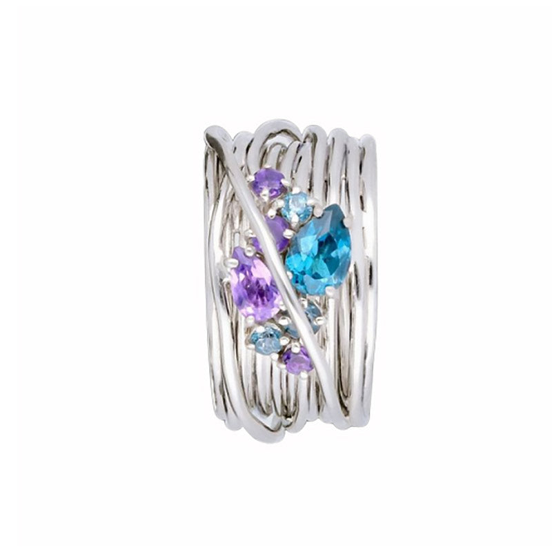Anello Filodellavita 13 fili in oro bianco 18 KT con ametista e topazio blu - Collezione Khromìa