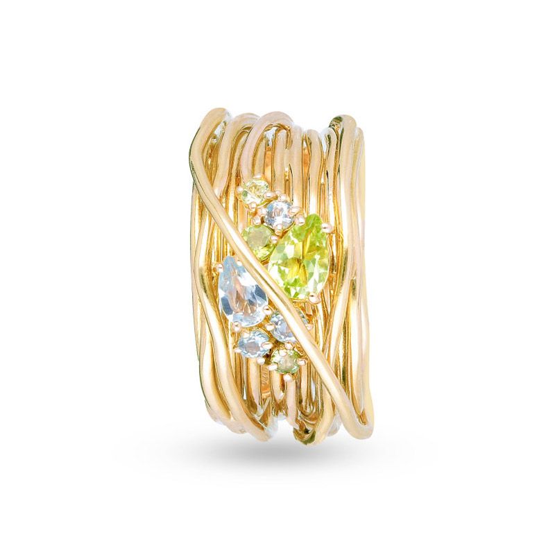 Anello Filodellavita 13 fili in oro giallo 18 KT con peridot e acquamarina - Collezione Khromìa