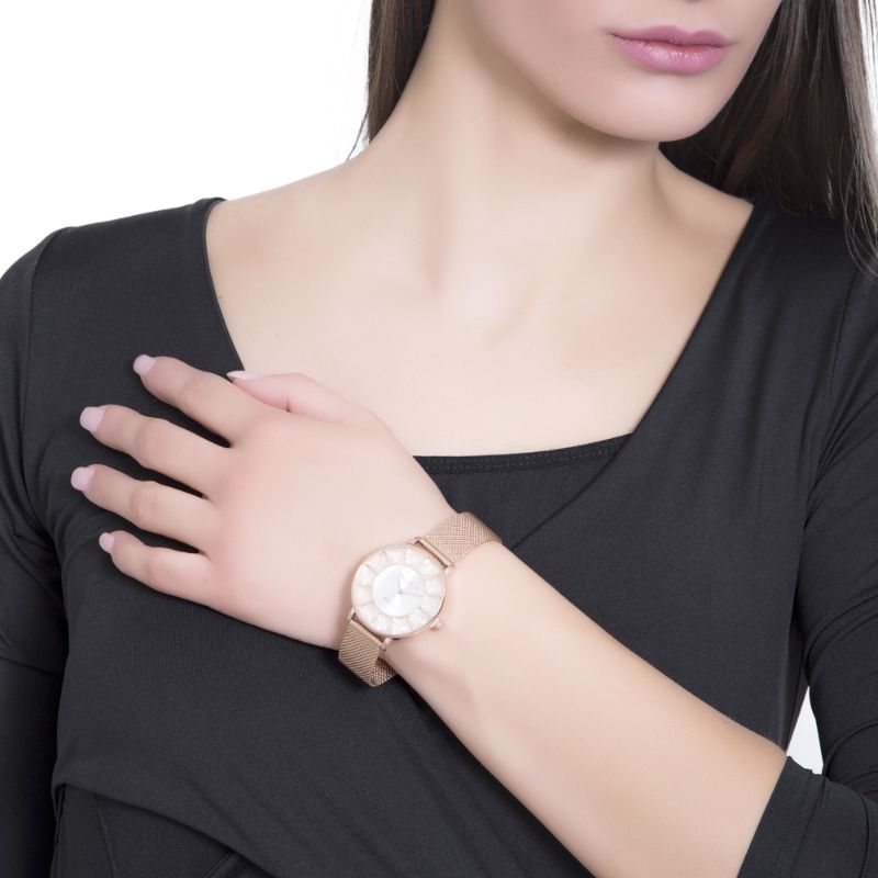 Orologio rose gold in maglia mesh e quadrante con pavè di Swarovski (Boccadamo) - SH003