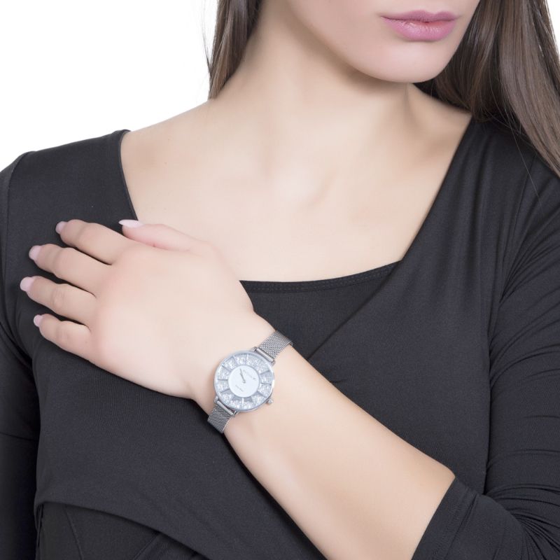 Orologio silver in maglia mesh e quadrante con pavè di Swarovski (Boccadamo) - SH001