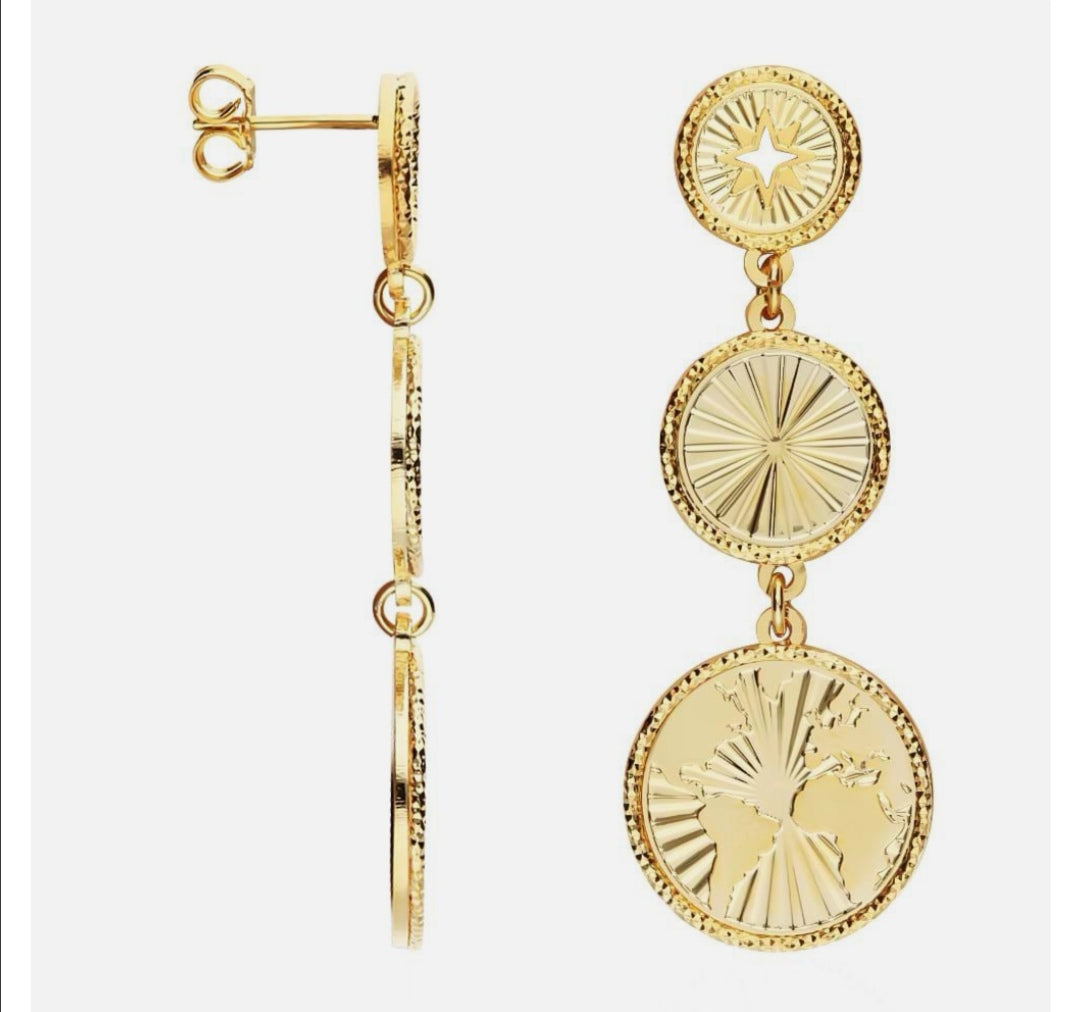 Orecchini pendenti mondo e raggi bronzo dorato