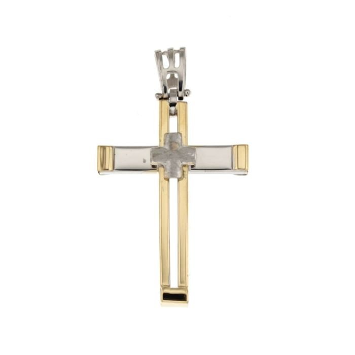 Croce Scatolata oro bianco e oro giallo 18 kt
