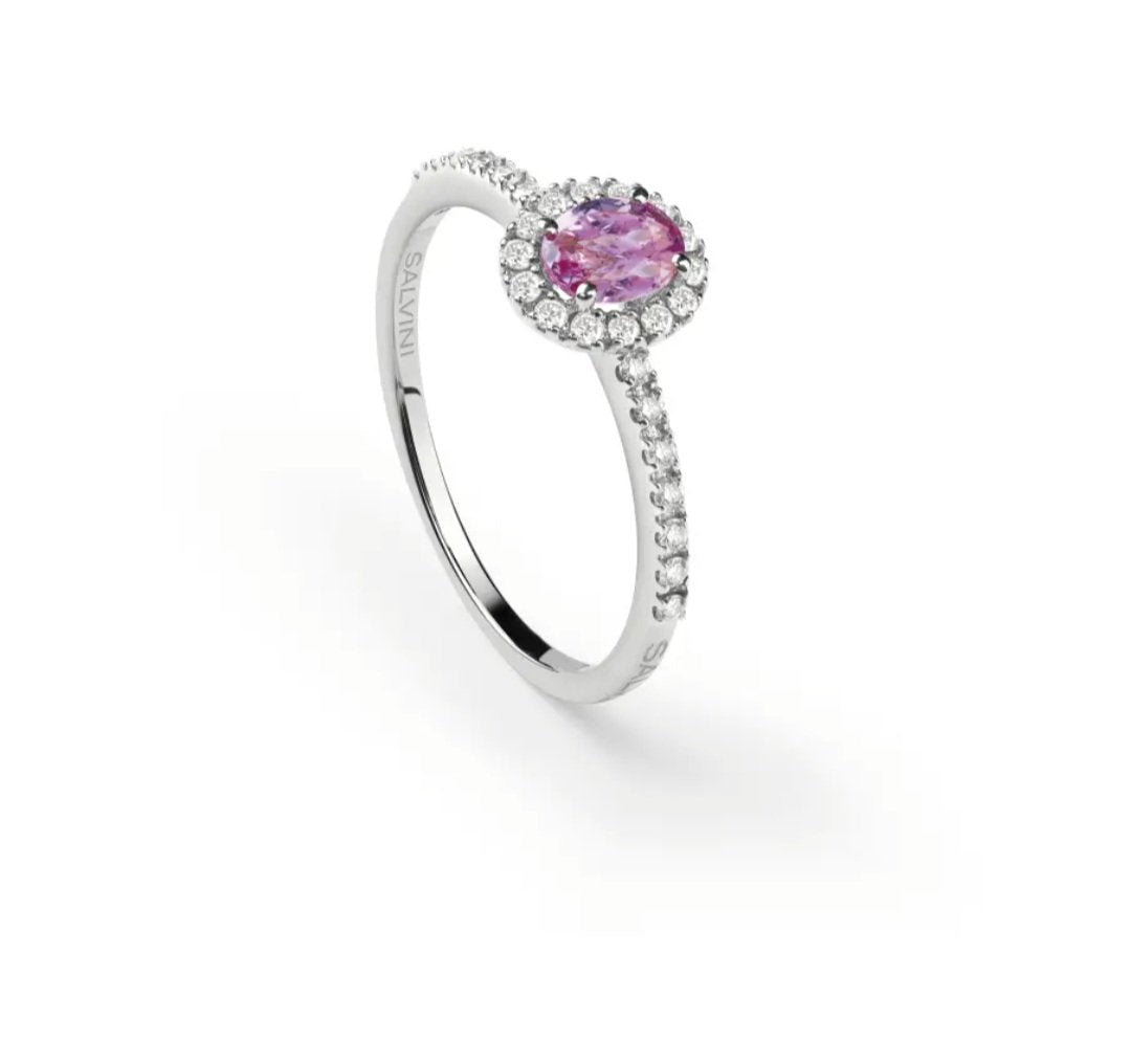 Anello in oro bianco con diamanti e zaffiro rosa collezione Dora Salvini Gioielli