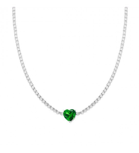 COLLANA TENNIS IN ARGENTO E ZIRCONI CON CUORE CENTRALE VERDE