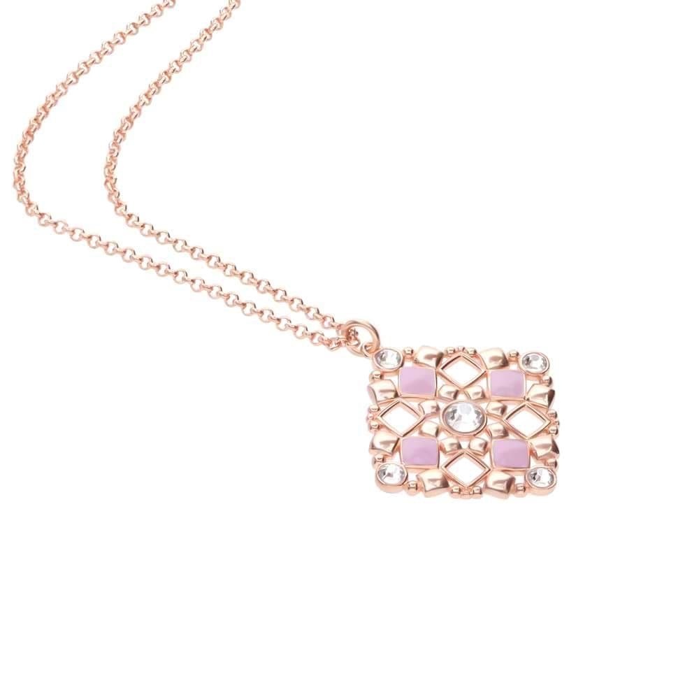 Collana in ottone rosato con ciondolo forma rombo, cristalli e smalto rosaSKU: 1671100