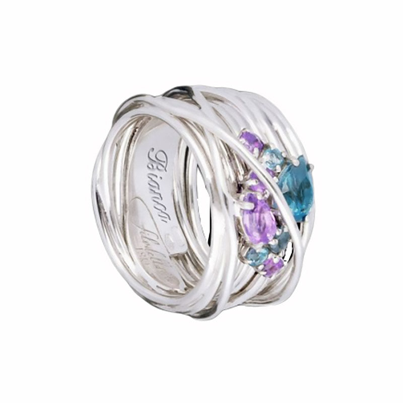 Anello Filodellavita 13 fili in oro bianco 18 KT con ametista e topazio blu - Collezione Khromìa