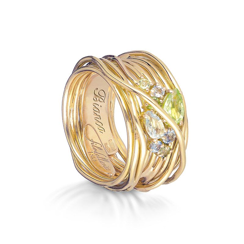 Anello Filodellavita 13 fili in oro giallo 18 KT con peridot e acquamarina - Collezione Khromìa
