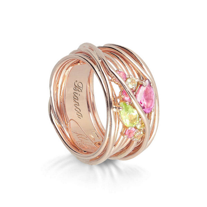 Anello Filodellavita 13 fili in oro rosa 18 KT con Peridot e Tormalina - AN260RPDTO