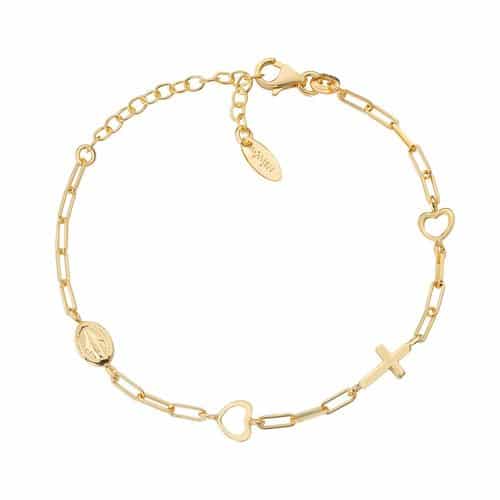 Bracciale Catena Croce Miracolosa e Cuori Dorato Amen