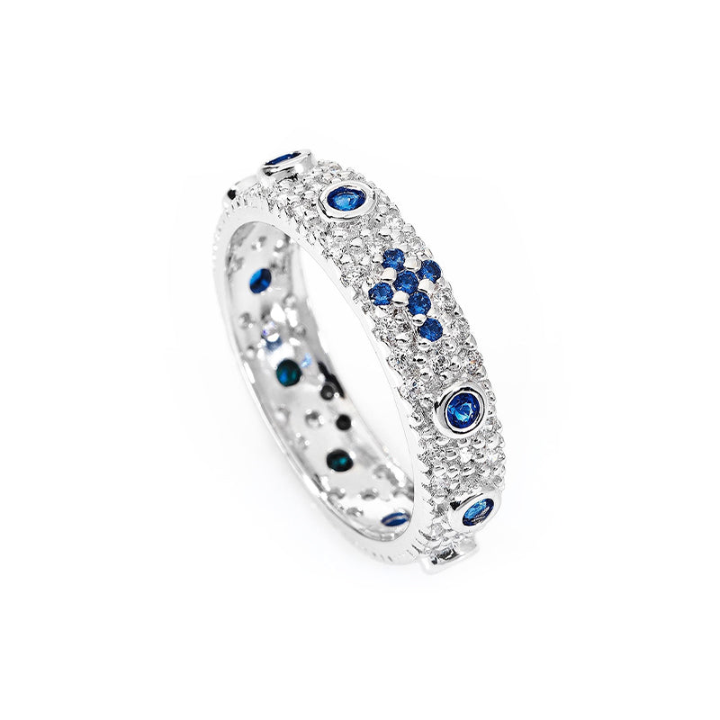 Anello rosario unisex oro bianco e pietre bianche e blu