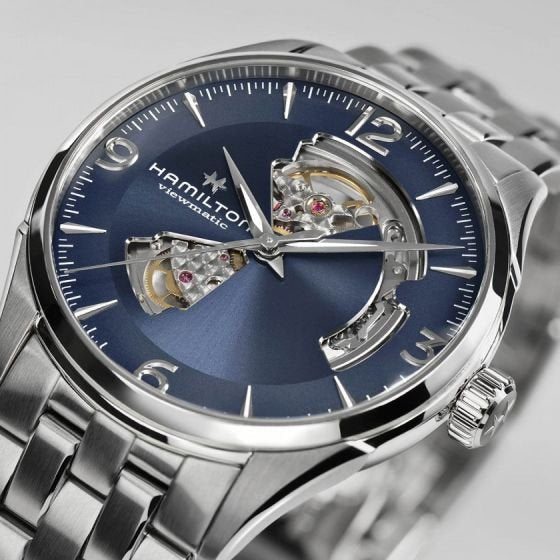 HAMILTON JAZZMASTER OPEN HEART AUTO / OROLOGIO UOMO / QUADRANTE BLU SCHELETRATO / CASSA E BRACCIALE ACCIAIO
