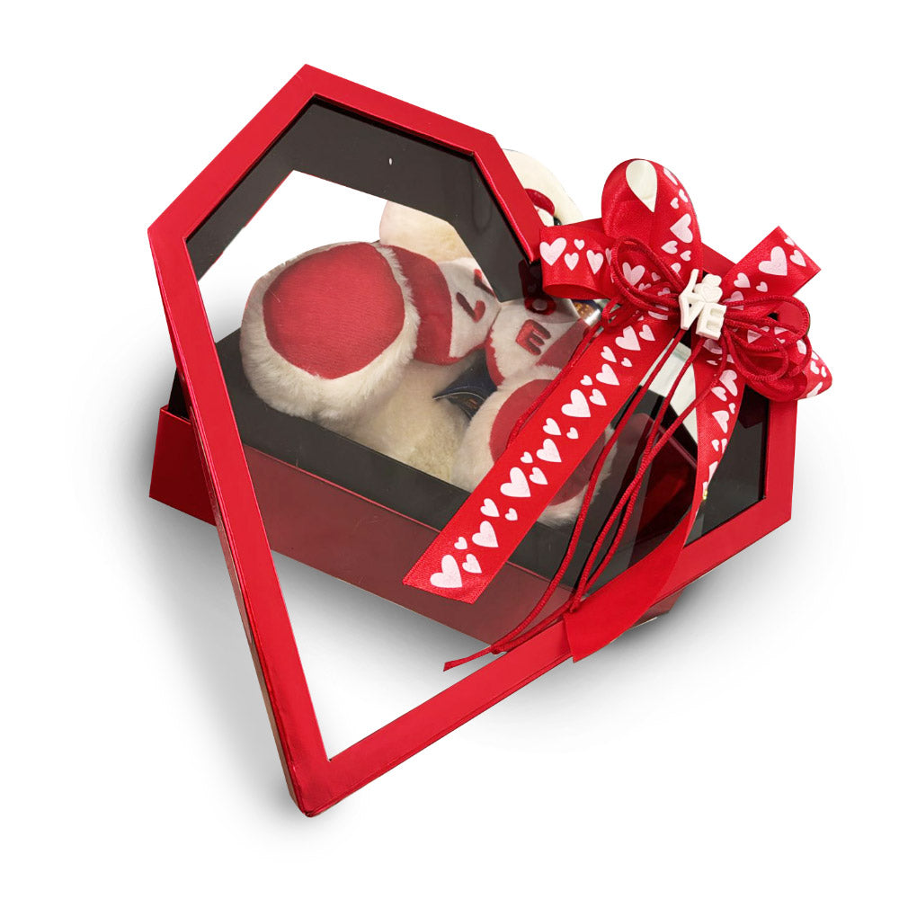 Confezione regalo a forma di cuore squadrato con orsetto di peluches