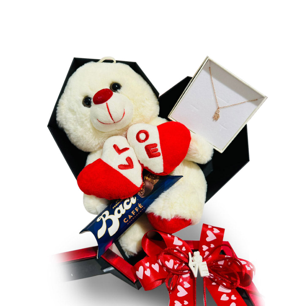 Confezione regalo a forma di cuore squadrato con orsetto di peluches