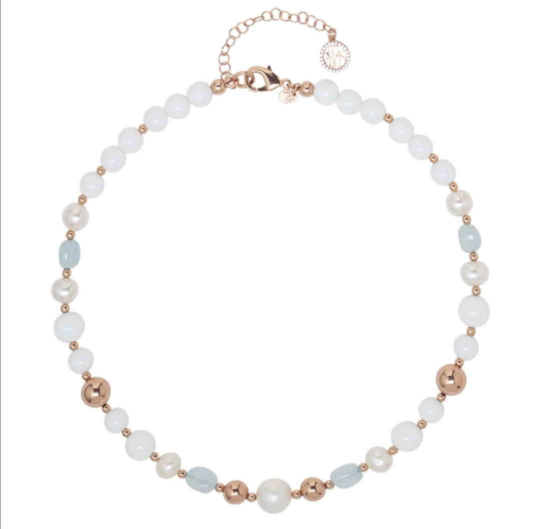 Collana con perle naturali, acqua marina e agata bianca