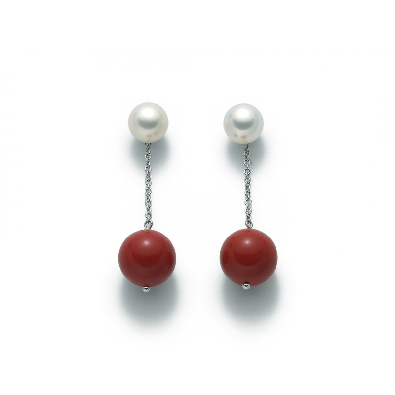 Orecchini di Perle Miluna con pendente e corallo rosso in argento – PER2068
